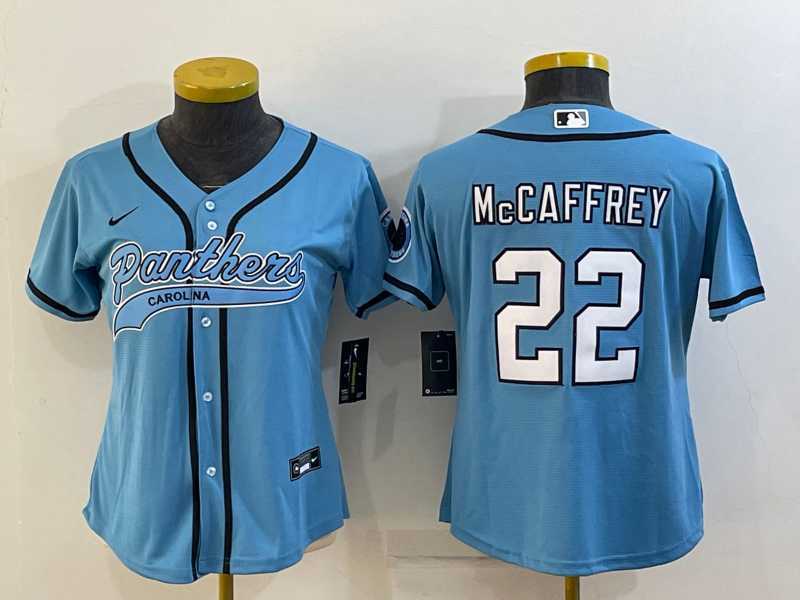 Womens Carolina Panthers #22 Christian McCaffrey Blue With Patch Cool Base Stitched Baseball Jersey